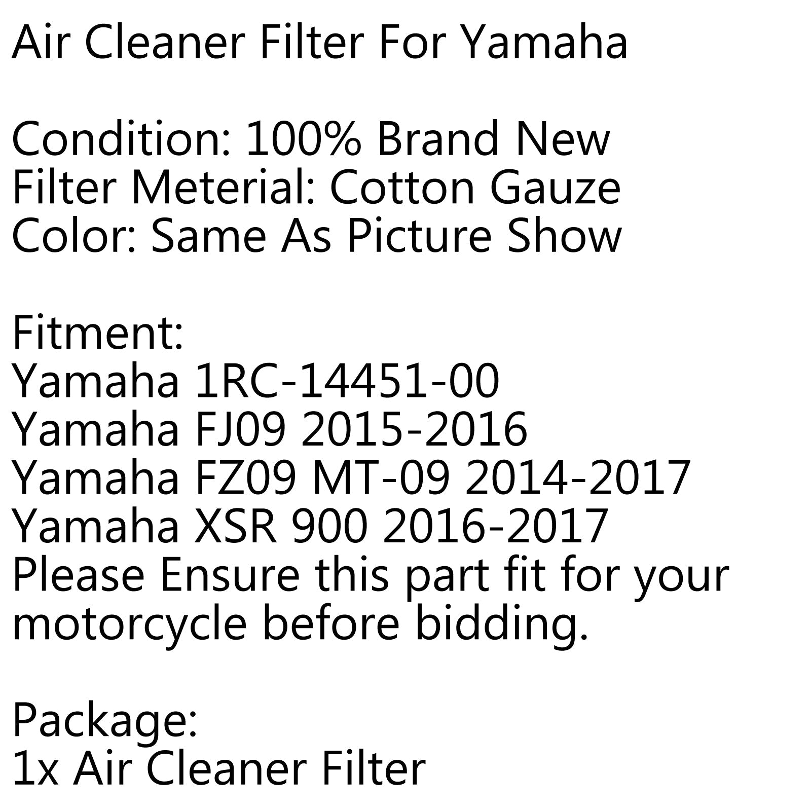 Air Filter Cleaner Element For Yamaha XSR 900 FZ09 MT-09 2014-2017 Generic