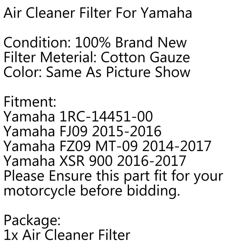 Elemento limpiador de filtro de aire para Yamaha XSR 900 FZ09 MT-09 2014-2017 genérico