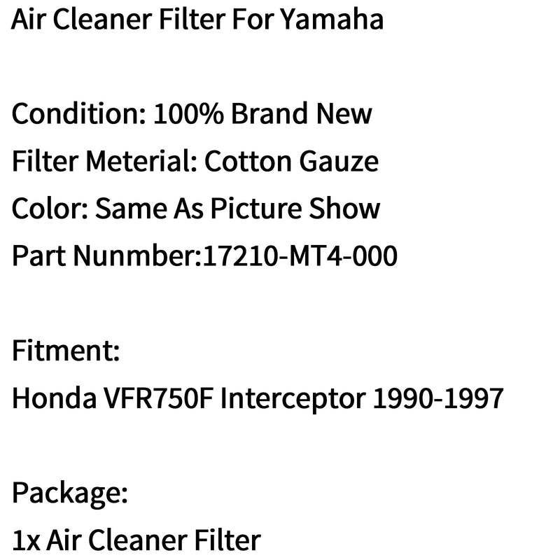 Elemento limpiador de filtro de aire para Honda VFR750F Interceptor 1990-1997 17210-MT4-000 Genérico