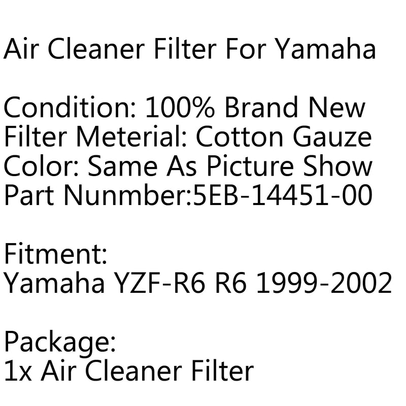 Elemento limpiador de filtro de aire 5EB-14451-00 para Yamaha YZF-R6 R6 1999-2002 2001 genérico