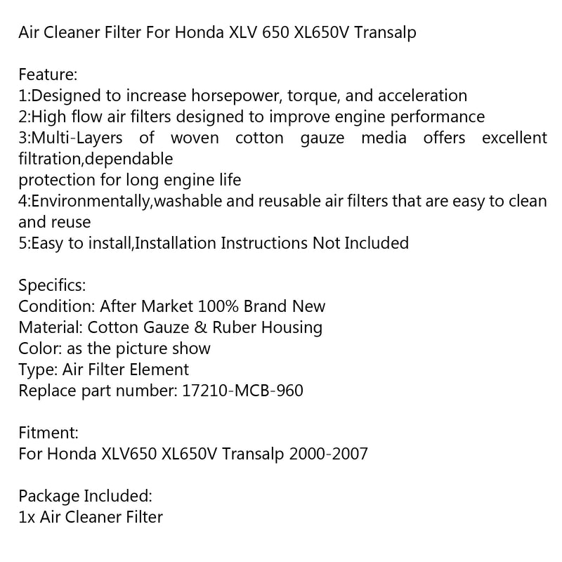 Filtro de aire de alto flujo para Honda XLV 650 XL650V Transalp 2000-2007 Genérico