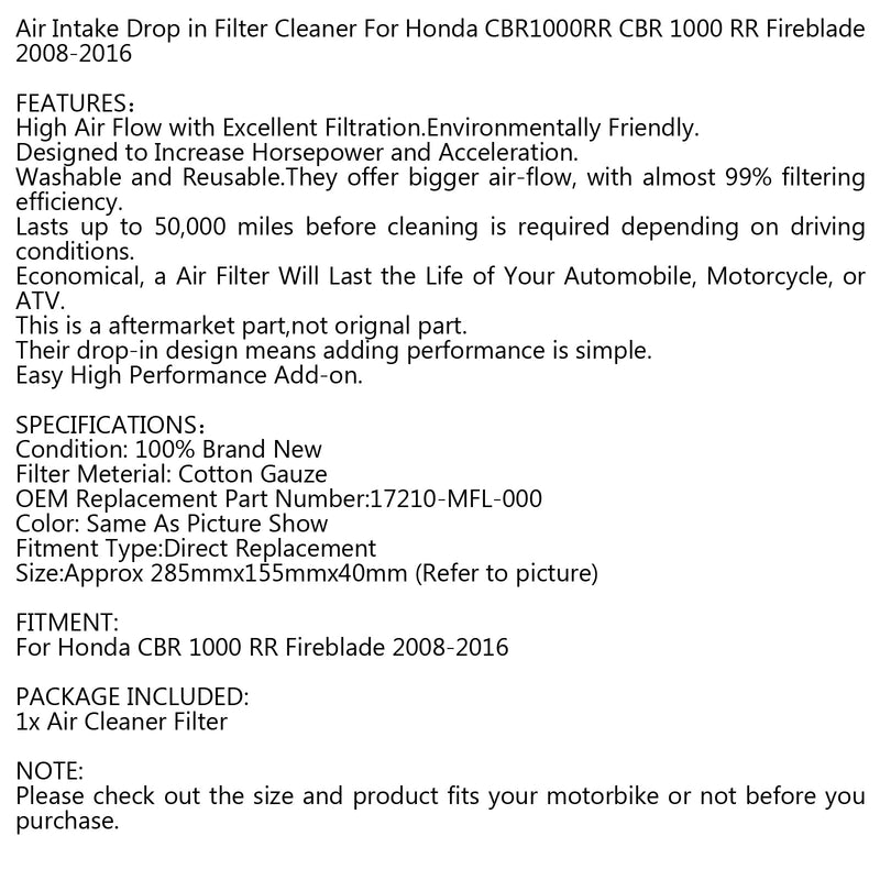 Limpiador de filtro de admisión de aire para Honda CBR1000RR Fireblade 08-16 17210-MFL-000 genérico