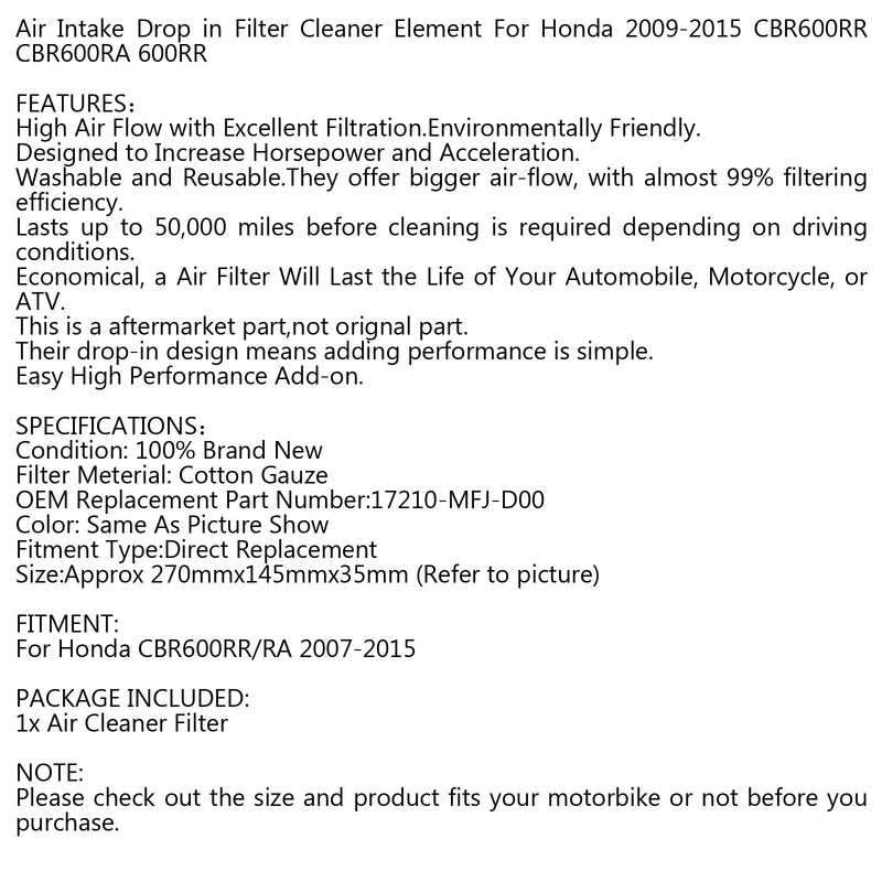Limpiador de filtro de admisión de aire para Honda CBR600RR/RA 2007-2015 17210-MFJ-D00 genérico