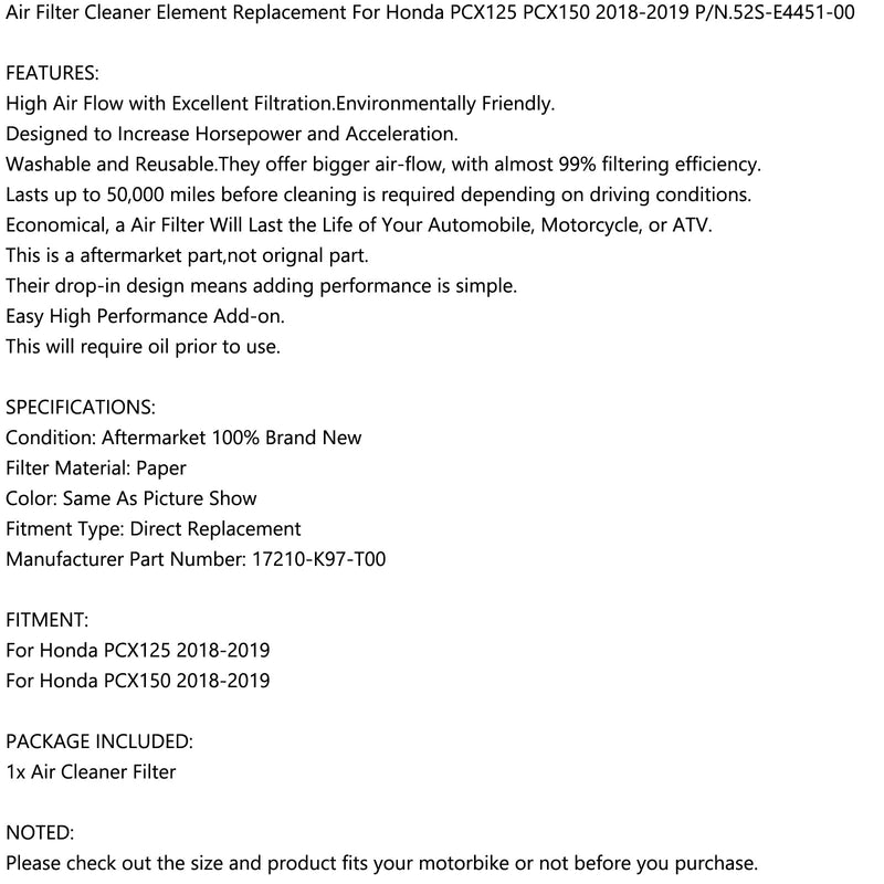 Elemento limpiador de filtro de aire para Honda PCX 125 PCX 150 2018-2019 17210-K97-T00 Genérico