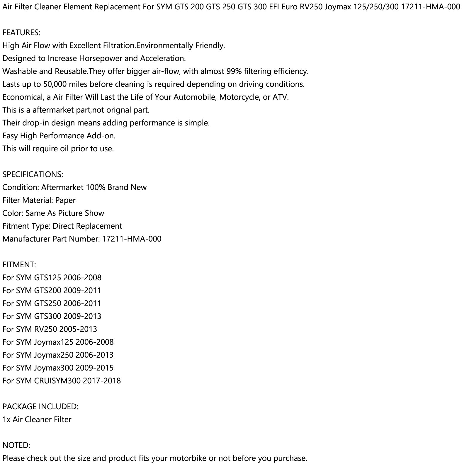 فلتر هواء لـ SYM GTS 200 GTS 250 GTS 300 EFI Euro RV250 Joymax 17211-HMA-000 عام