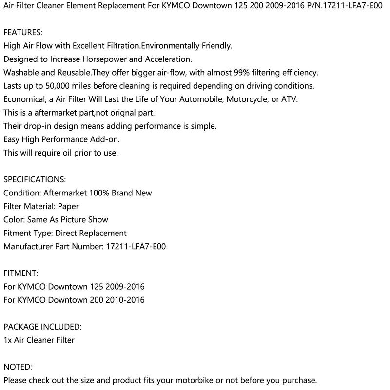 Air Filter Element For KYMCO Downtown 125 200 09-16 Replacement 17211-LFA7-E00 Generic