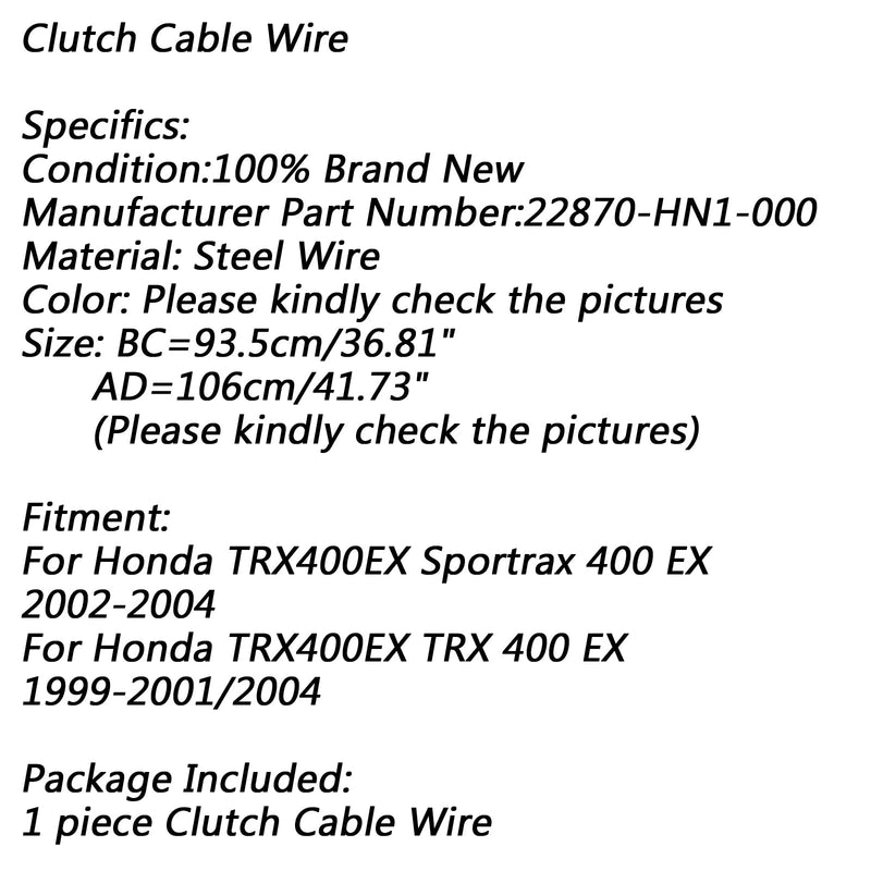 Cable de embrague negro para Honda TRX400EX Sportrax 400 EX 22870-HN1-000 genérico