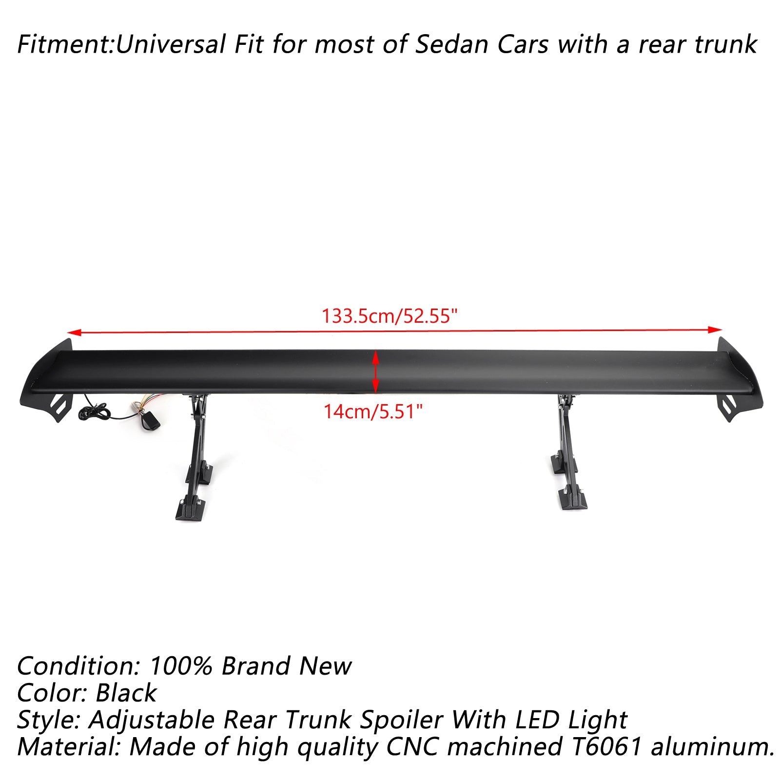 Universal Sedan Adjustable Aluminum Rear Trunk Wing Racing Spoiler W/ LED Light Generic