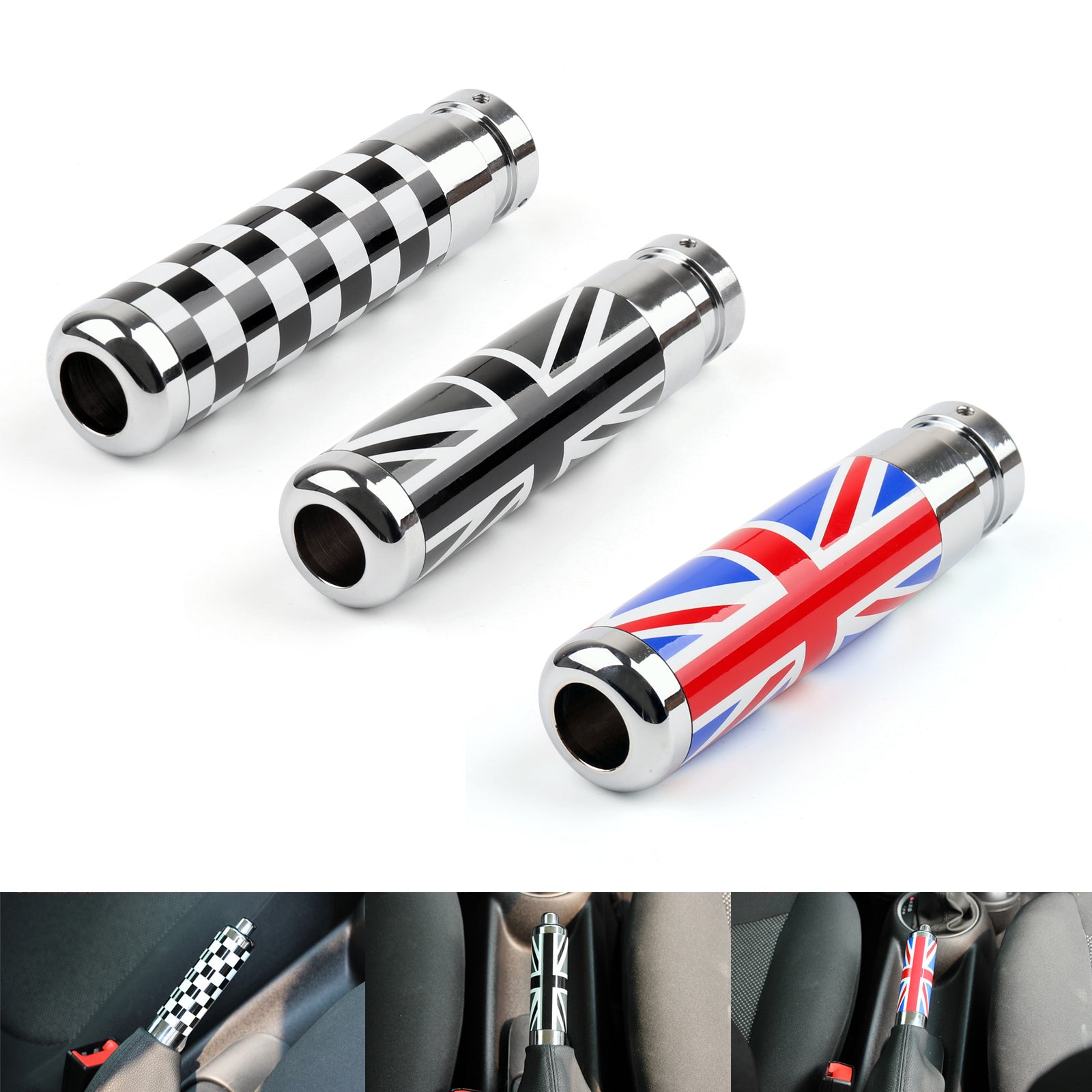 Mini Cooper Union Jack UK Flag Checkered Handle Hand Brake Emergency Cover Trim