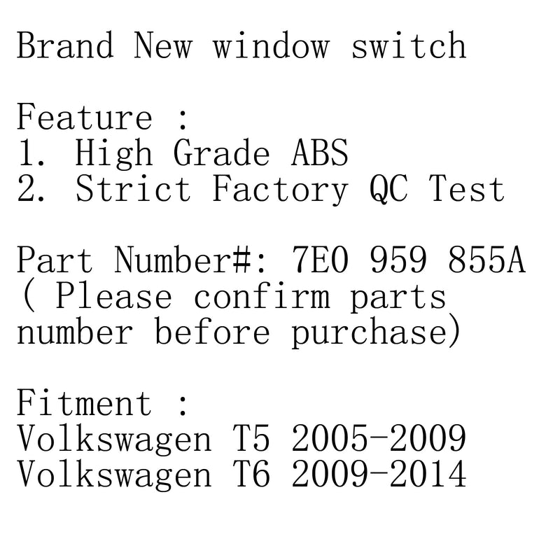 مفتاح التحكم في نافذة الطاقة الجانبية للسائق لسيارة Volkswagen VW Transporter T5 T6 Generic