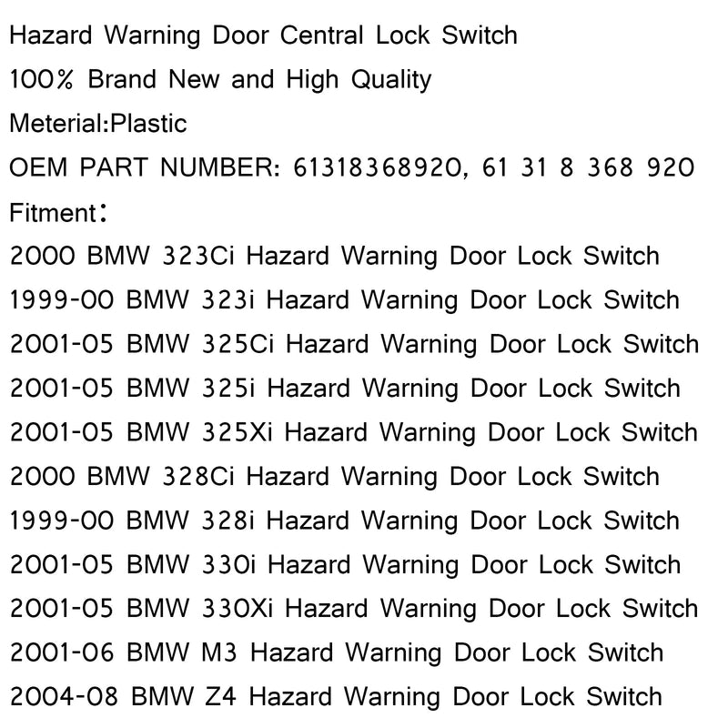 مفتاح قفل مركزي لباب التحذير من مخاطر الطوارئ لسيارات BMW E46 E53 E85 عام