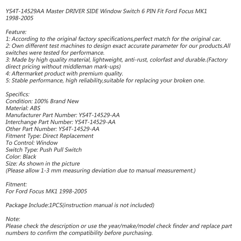 Interruptor de ventana lateral del conductor maestro 6 pines YS4T-14529AA para Ford Focus MK1 98-05 genérico
