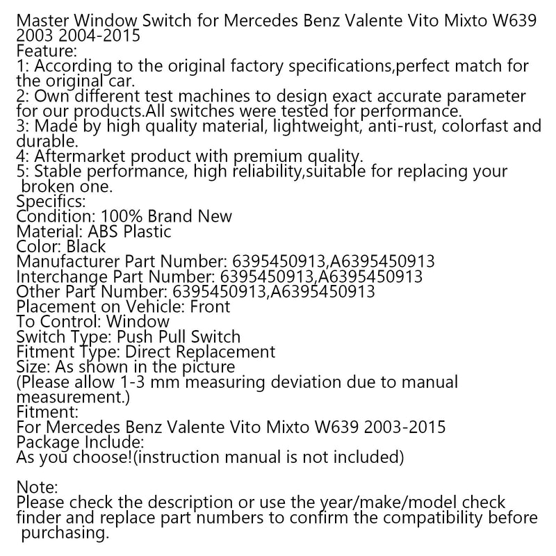 Interruptor de ventana principal para Mercedes Benz Valente Vito Mixto W639 2003 2004-2015 Genérico