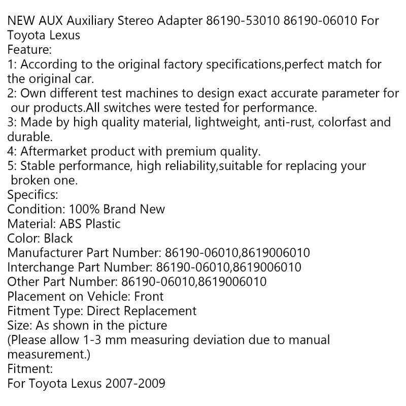 Nuevo adaptador estéreo auxiliar AUX 86190-53010 86190-06010 para Toyota Lexus genérico