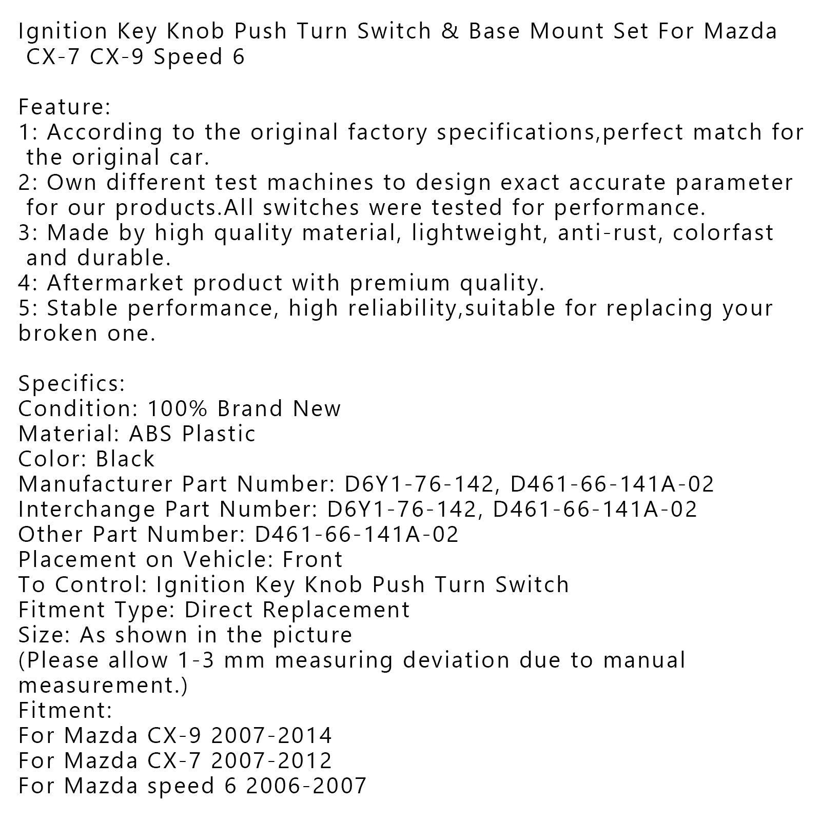 Ignition Key Knob Push Turn Switch & Base Mount Set For Mazda CX-7 07~12 CX-9 07~14 Speed 6 06~07Generic