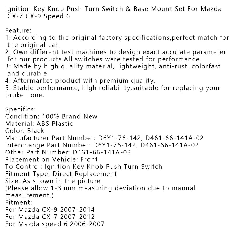 Ignition Key Knob Push Turn Switch & Base Mount Set For Mazda CX-7 07~12 CX-9 07~14 Speed 6 06~07Generic