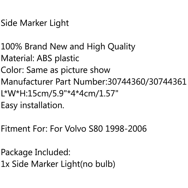 Luz de la lámpara de señal de giro del lado izquierdo/derecho del parachoques delantero para Volvo S80 1998-2006 genérico