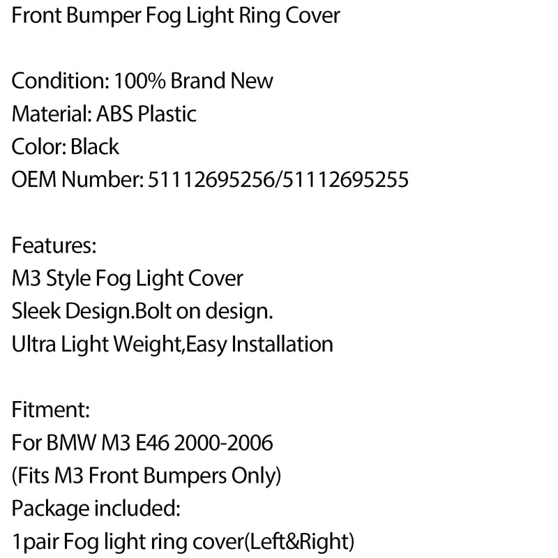 Cubierta de anillo de luz antiniebla del parachoques delantero izquierda y derecha para BMW M3 E46 2000-2006 2003 genérico