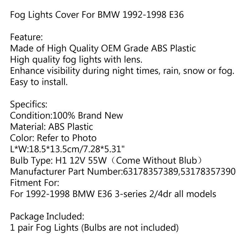 BMW 1992-1998 E36 3 Series 2/4D Reemplazo de faros antiniebla Lentes de cristal R&amp;L