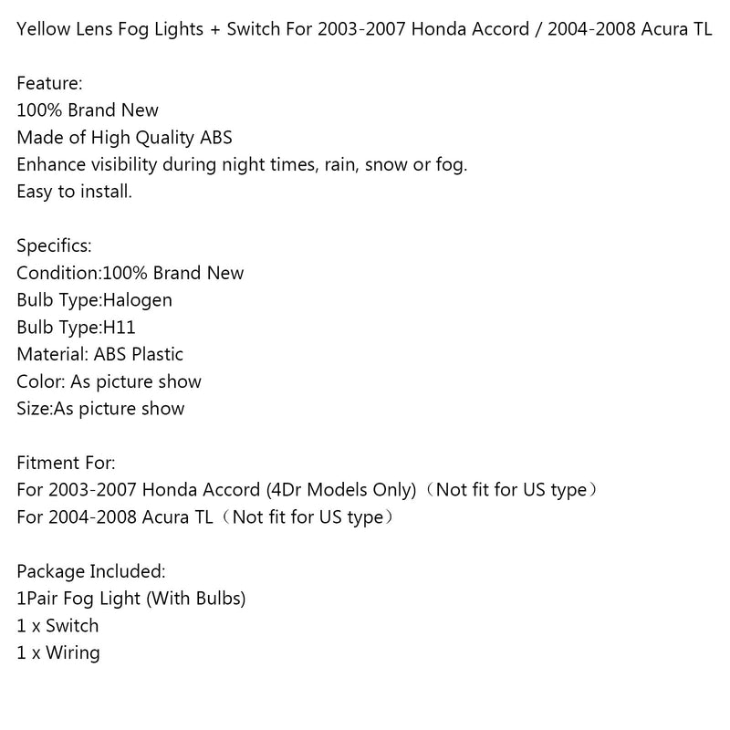 Luces antiniebla de lente amarilla + interruptor para Honda Accord 2003-2007 / Acura TL genérico 2004-2008