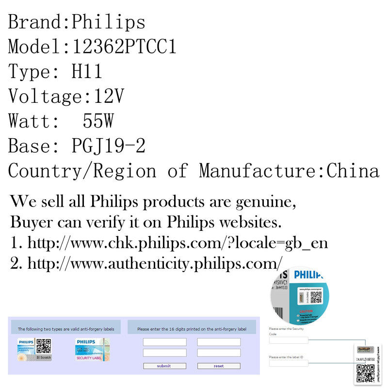 Philips Original Quality Premium Vision H11 12V 55W Halogen Bulb Signaling lamp Generic
