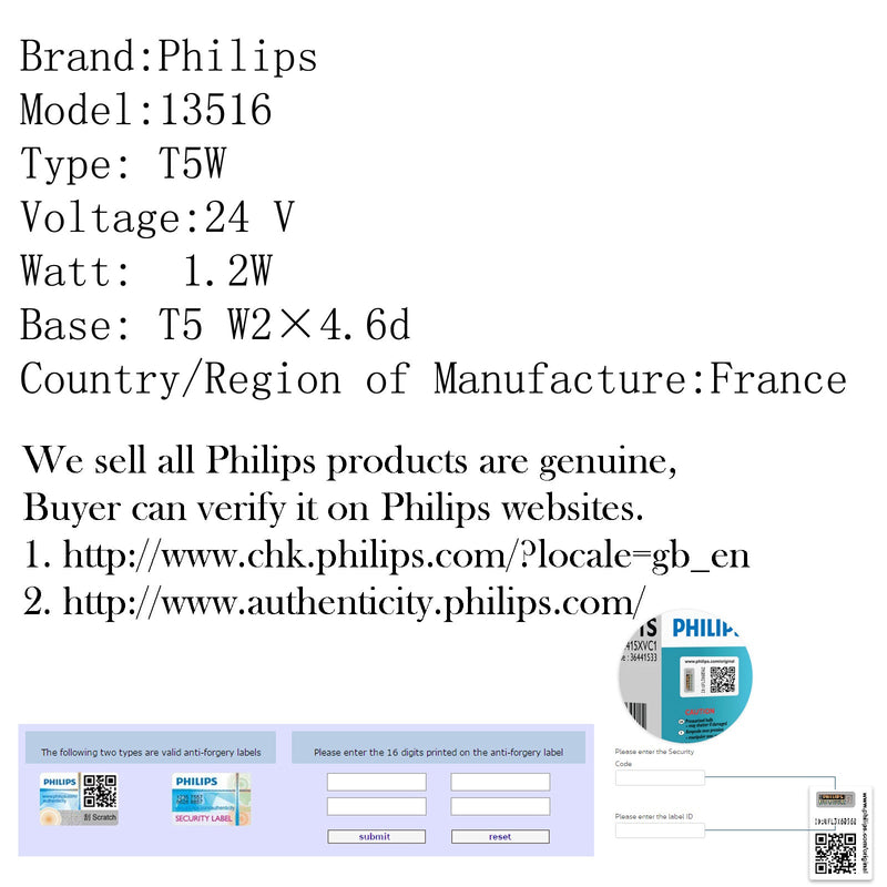 10pcs Genuine PHILIPS 13516 24V T5 W1.2W W2???t??{4.6d Standard Signaling Lamp Bulb Generic