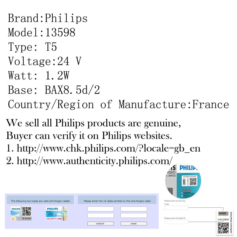 10pcs Genuine PHILIPS 13598 T5 24V 1.2W BAX8.5d/2 Grey Singnaling Lamp Bulbs Generic