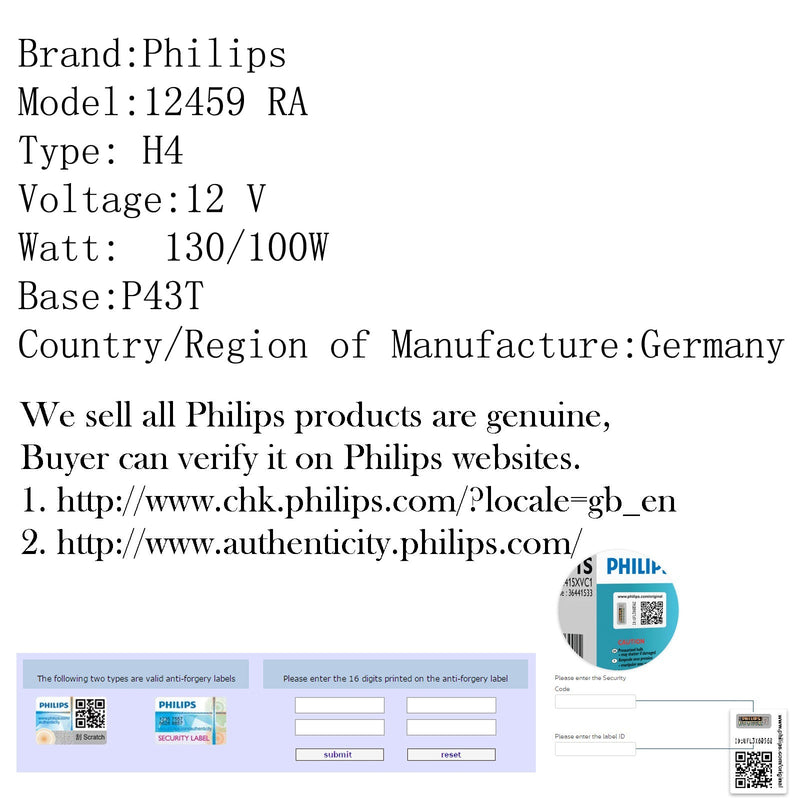 Genuine Philips 12459 RA H4 12V 130/100W P43T 3200K For Car Headlamp Head light Generic