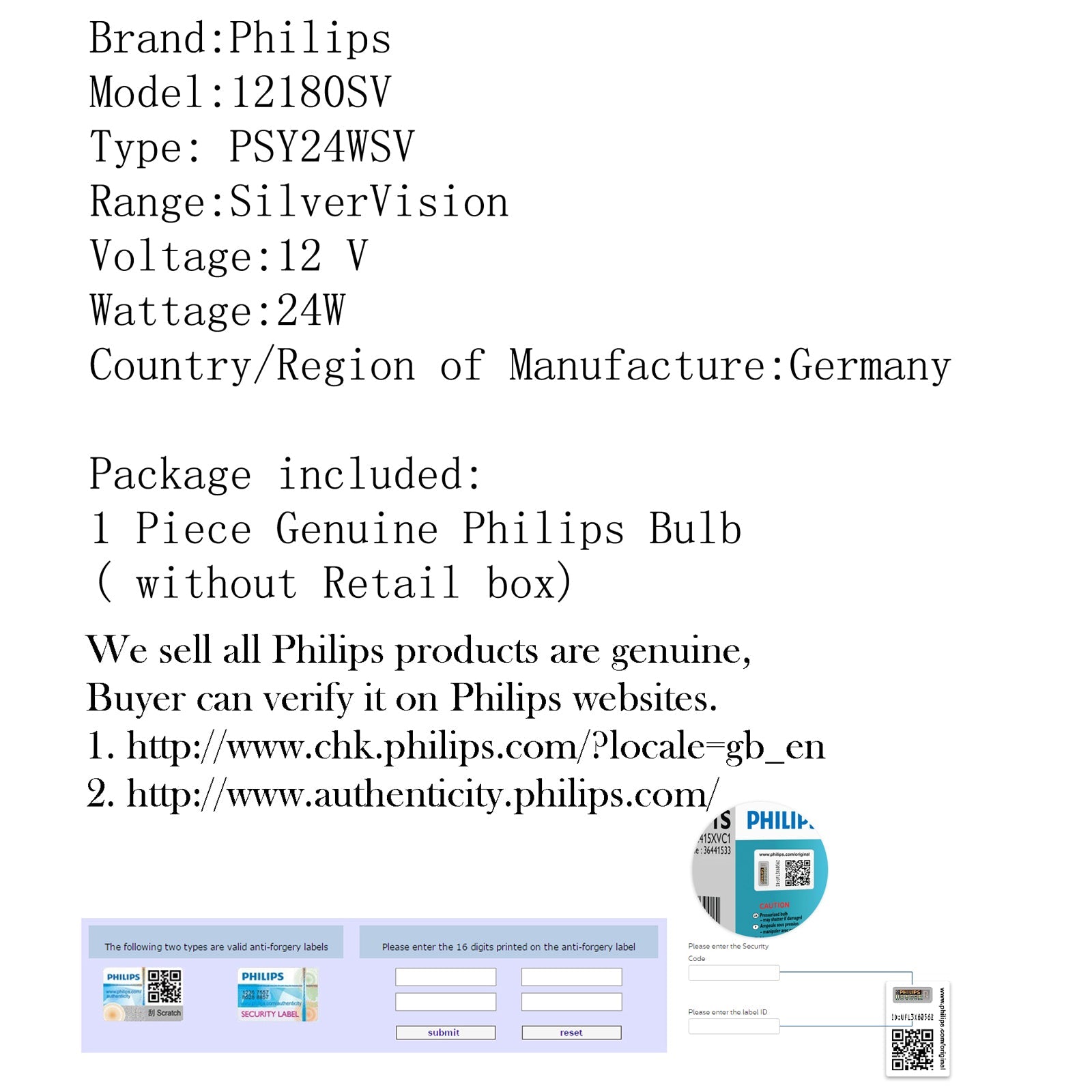 PHILIPS PSY24WSV PSY24W 12180SV 12180 Silver Bulb PG20-4 Turn Singal Light Generic