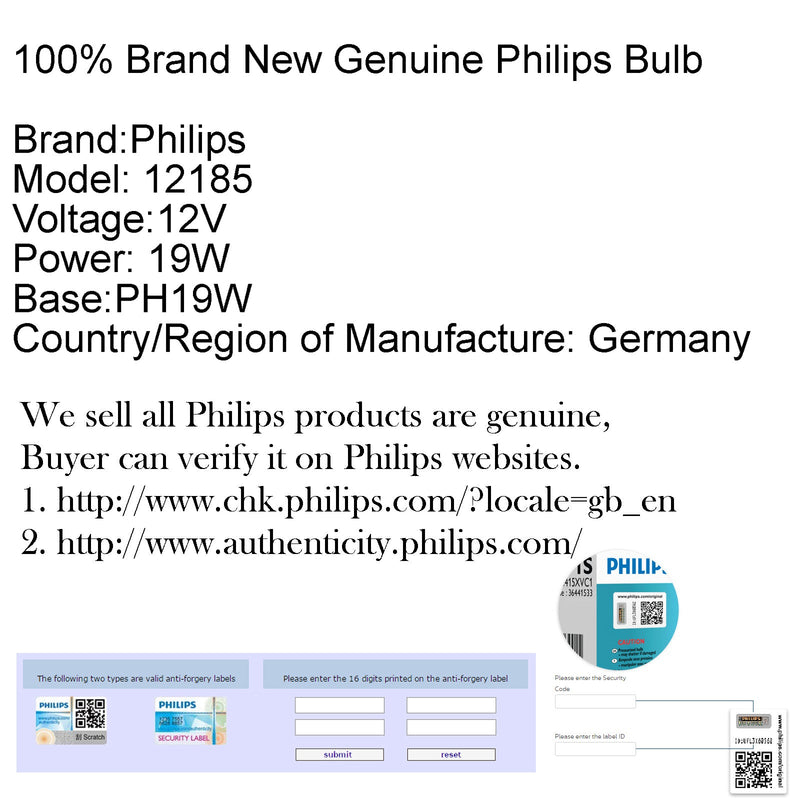 Philips 12185 Valeo 12V Ph19W Luz de señal de giro Bombilla de luz antiniebla de circulación diurna Genérica