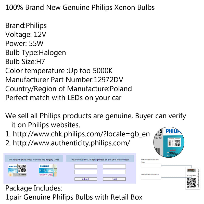 Genuine PHILIPS H7 5000K White DiamondVision 12972DV 12V 55W Light Bulb x 2 Generic