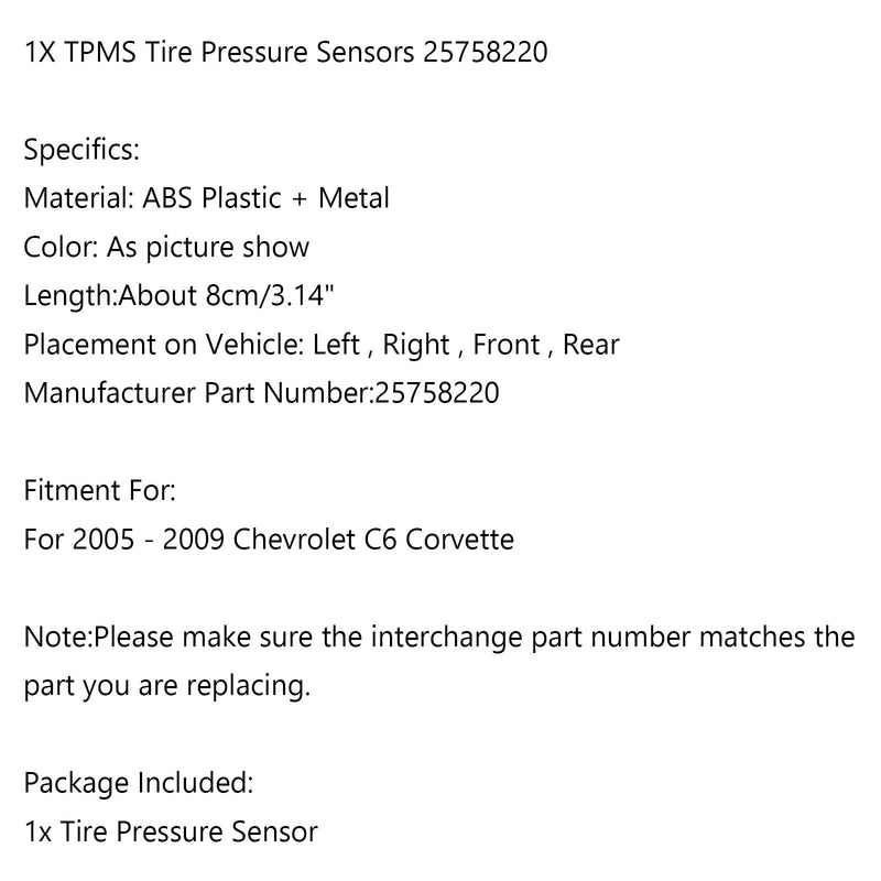 1PCS TPMS Replace 25758220 Auto Tire Pressure Sensor For 2005-2009 C6 Corvette Generic