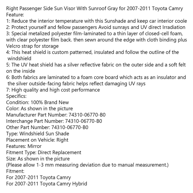 2007-2011 Toyota Camry Right Passenger Side Sun Visor With Sunroof Gray Generic