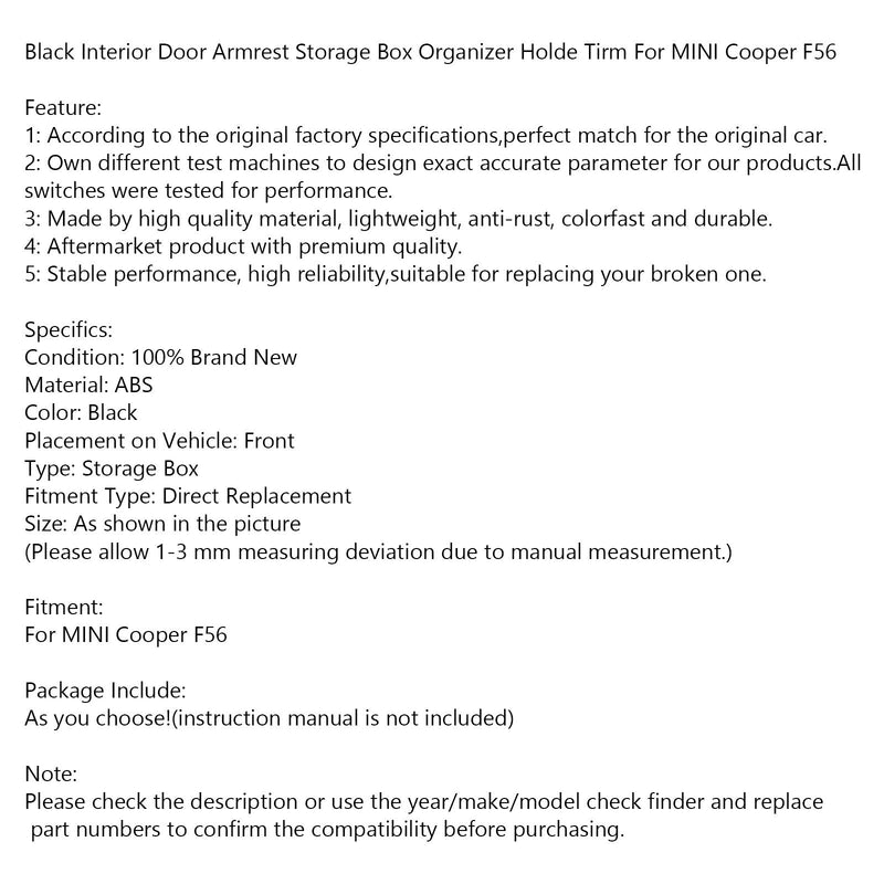 Caja de almacenamiento para reposabrazos de puerta Interior negra, organizador Holde Tirm para MINI Cooper F56