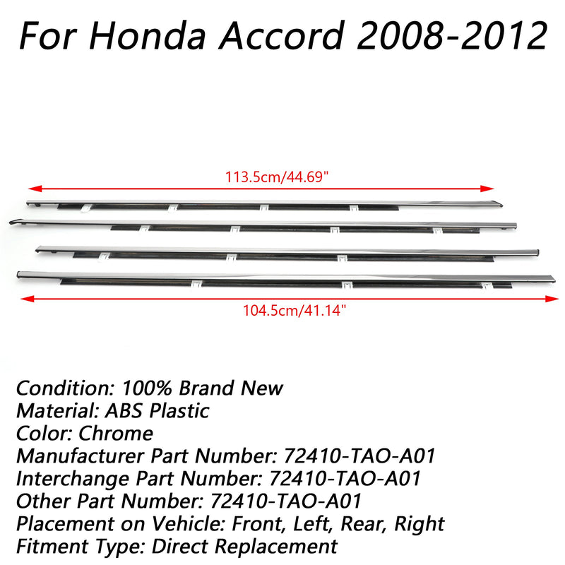 Honda Accord 2008-2012 Chrome Weatherstrip Window Molding Trim Seal Belt 4pcs Genérico