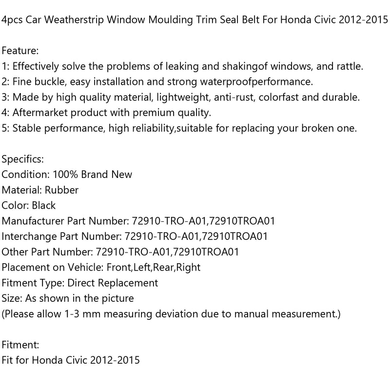 2012-2015 هوندا سيفيك 4 قطع سيارة السير الوقائي نافذة صب تقليم ختم حزام عام