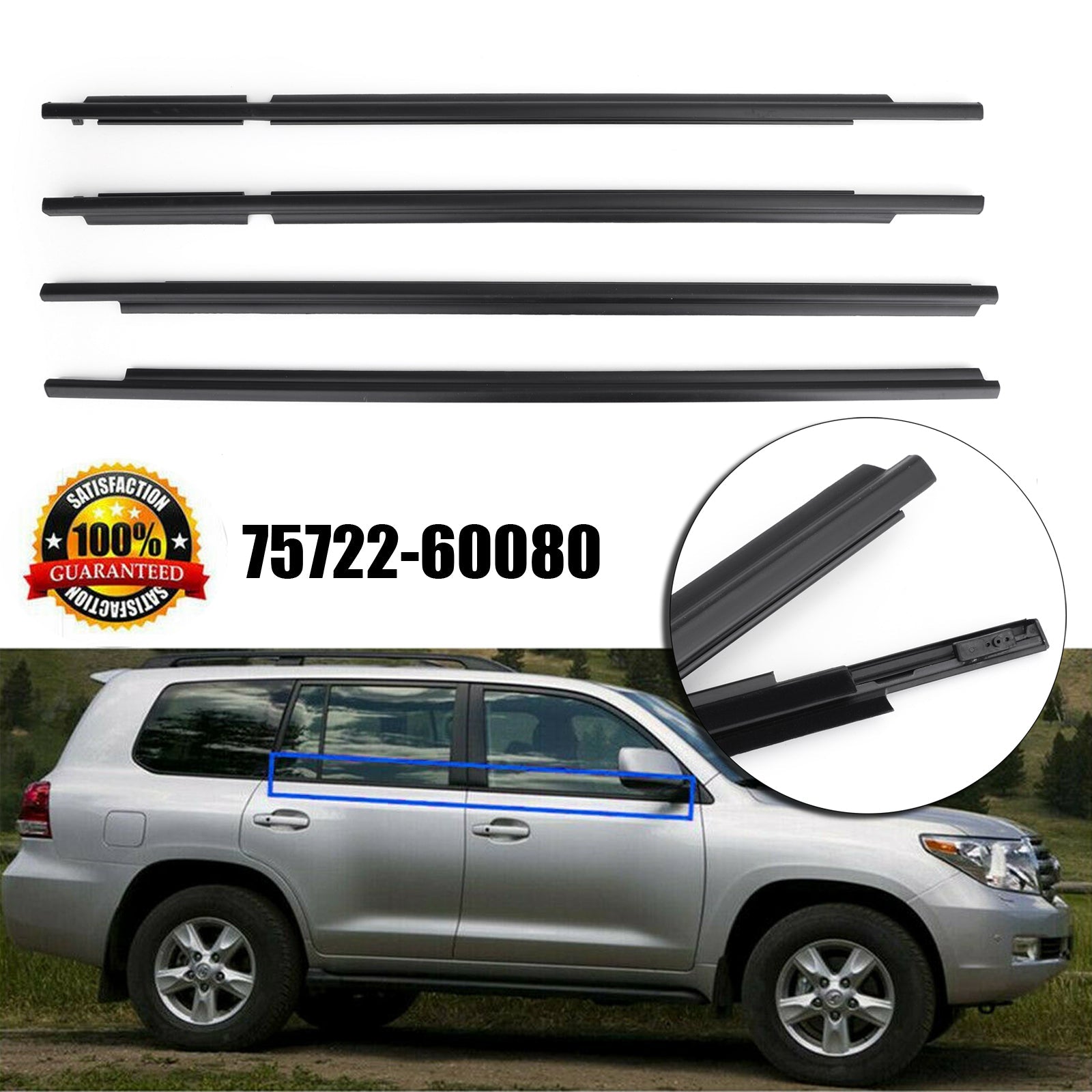 4PCS 75722-60080 Weatherstrip Window Belt Moulding Fits For LEXUS GX470 2003-2009 Generic