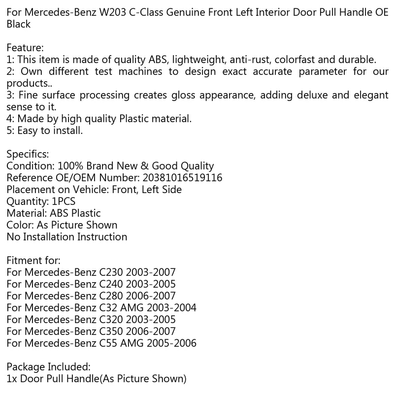 Front Left Interior Door Pull Handle OE Black For Mercedes-Benz W203 C-Class Generic