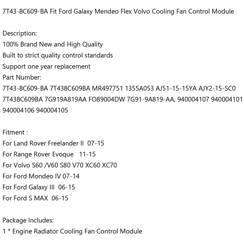 7T43-8C609-BA وحدة التحكم في مروحة تبريد الرادياتير تناسب فولفو S60 Ford Galaxy Generic