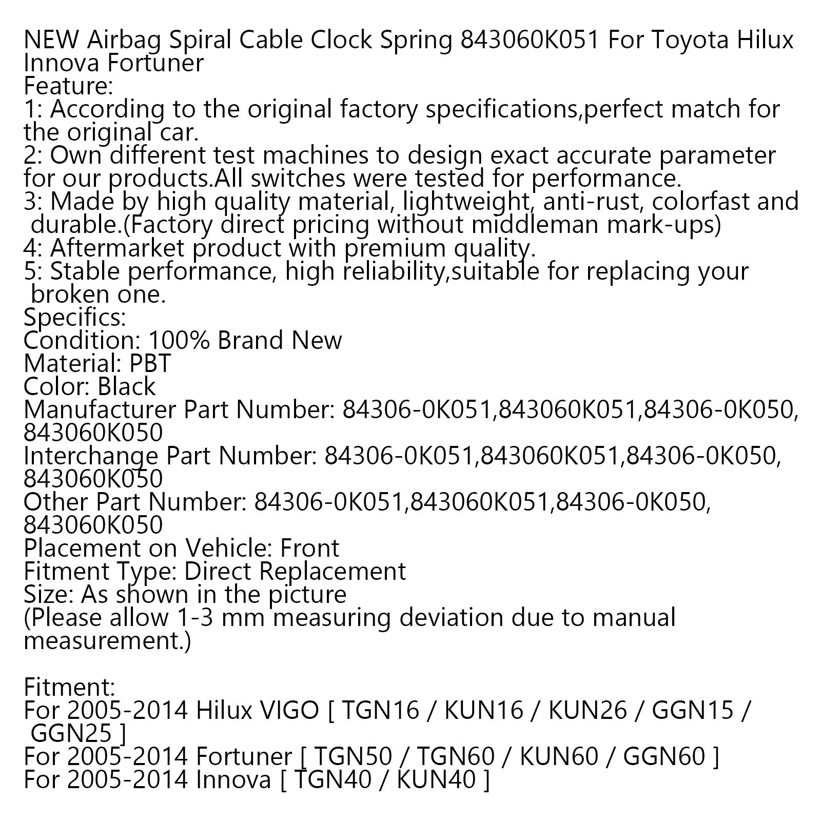 NEW Airbag Spiral Cable Clock Spring 843060K051 For Toyota Hilux Innova Fortuner Generic