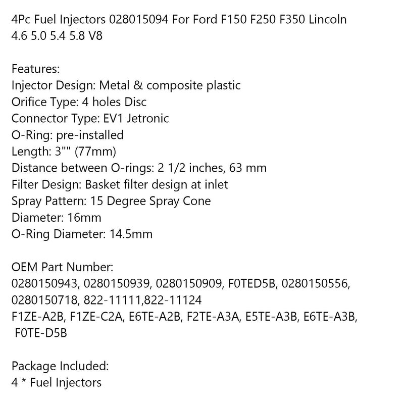 4 inyectores de combustible 028015094 para Ford F150 F250 F350 Lincoln 4,6 5,0 5,4 5,8 V8 genérico