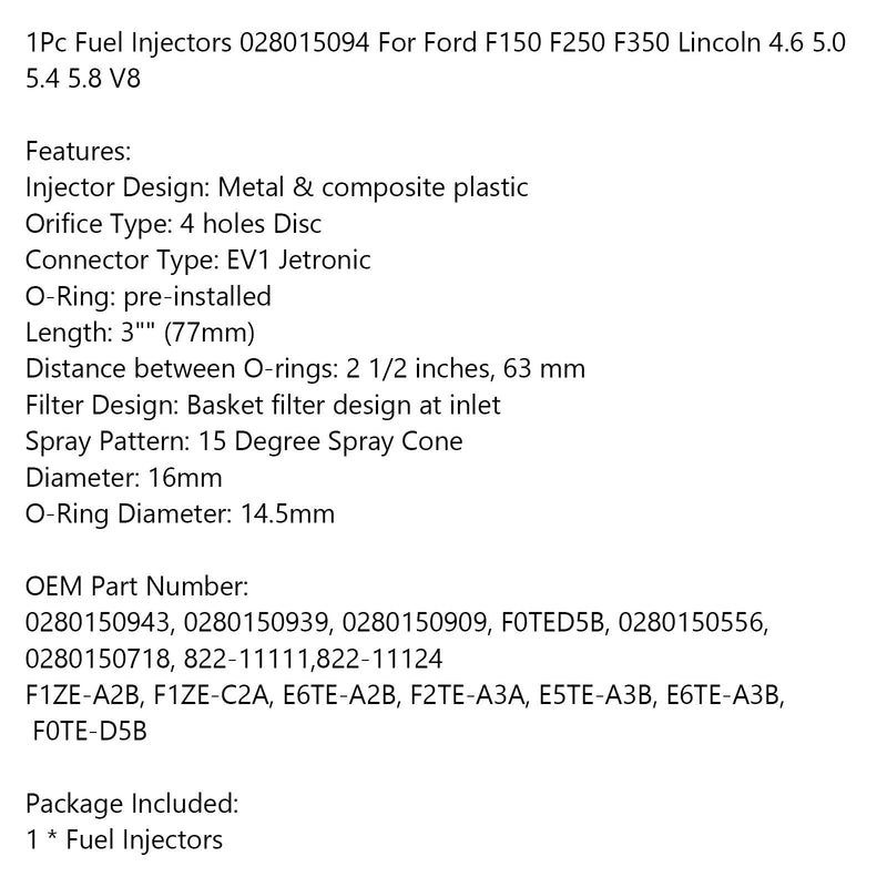 1 inyector de combustible 028015094 para Ford F150 F250 F350 Lincoln 4,6 5,0 5,4 5,8 V8 genérico