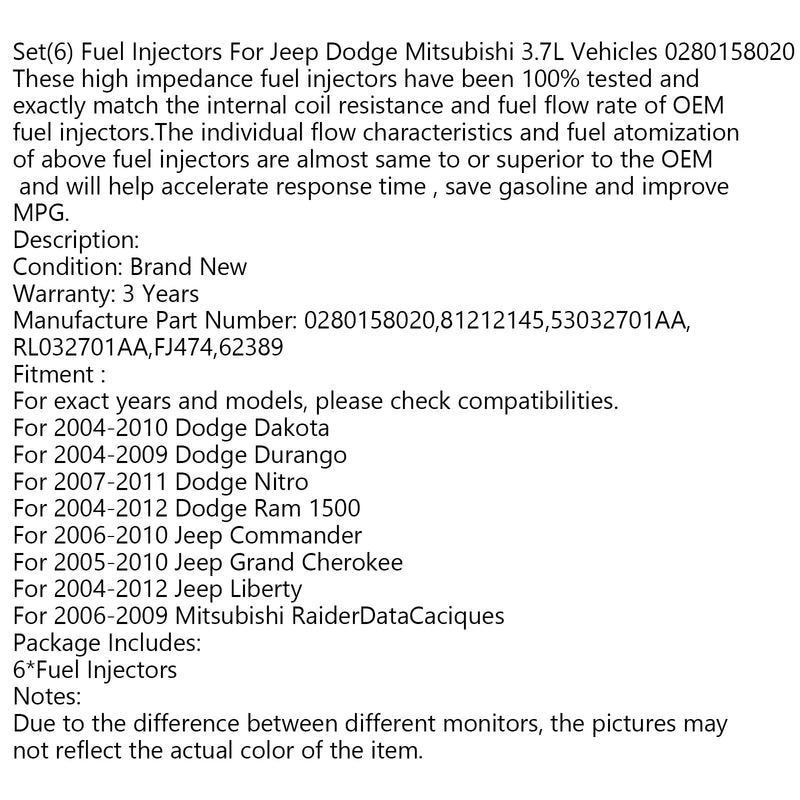 Set (6) Inyectores de combustible para vehículos Mitsubishi 3.7L 0280158020 Genérico