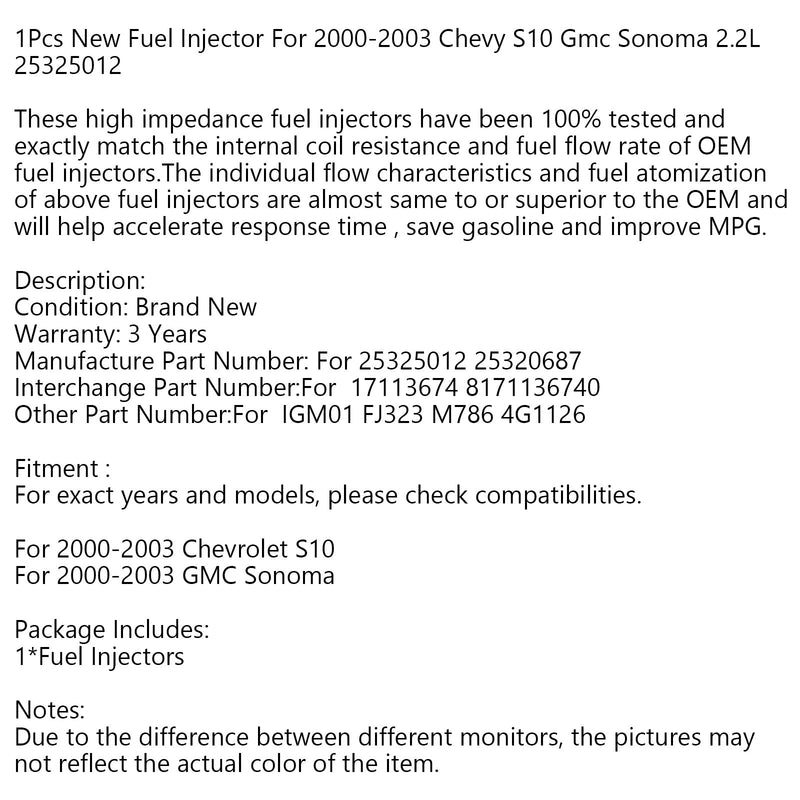 1 قطعة حاقن وقود جديد ل 2000-2003 تشيفي S10 جي إم سي سونوما 2.2L 25325012 عام