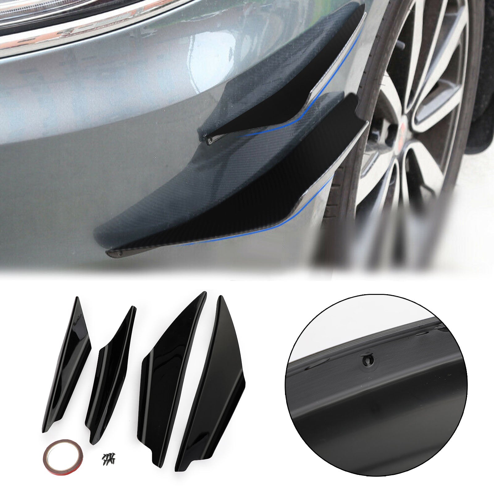 4 piezas Universal brillo Bk coche parachoques delantero aletas cuerpo divisor Spoiler Canards genérico