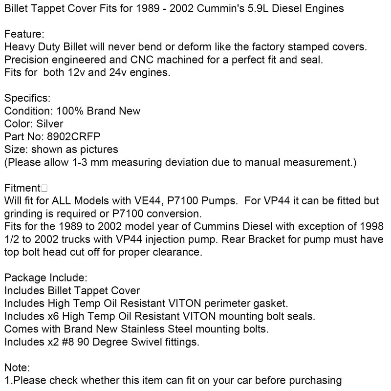 Billet Tappet Cover Fits for 1989 - 2002 Cummin's 5.9L Diesel Engines Generic