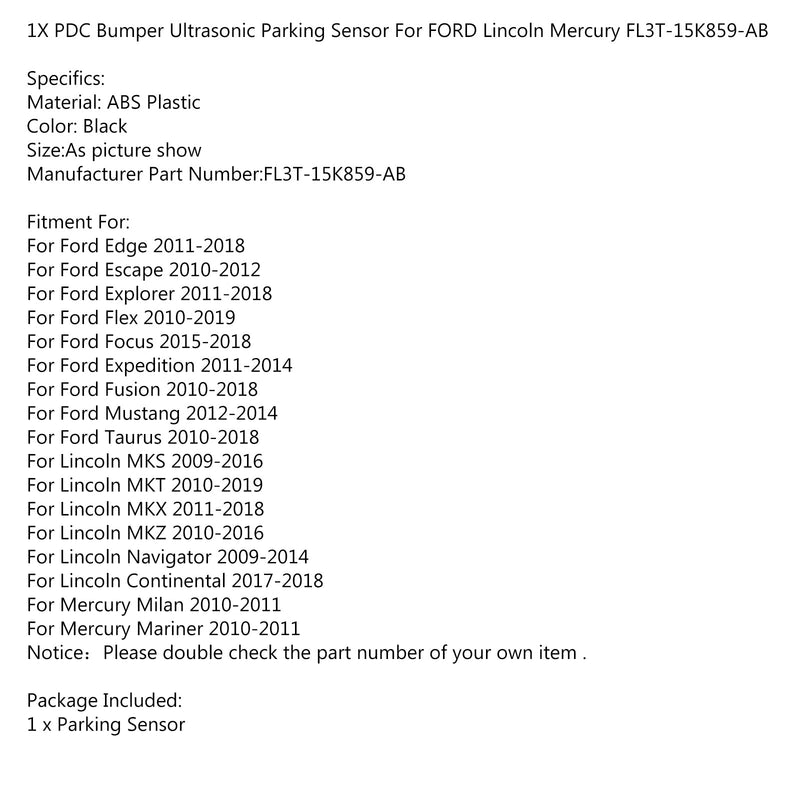1X PDC Bumper Ultrasonic Parking Sensor For FORD Lincoln Mercury FL3T-15K859-AB Generic