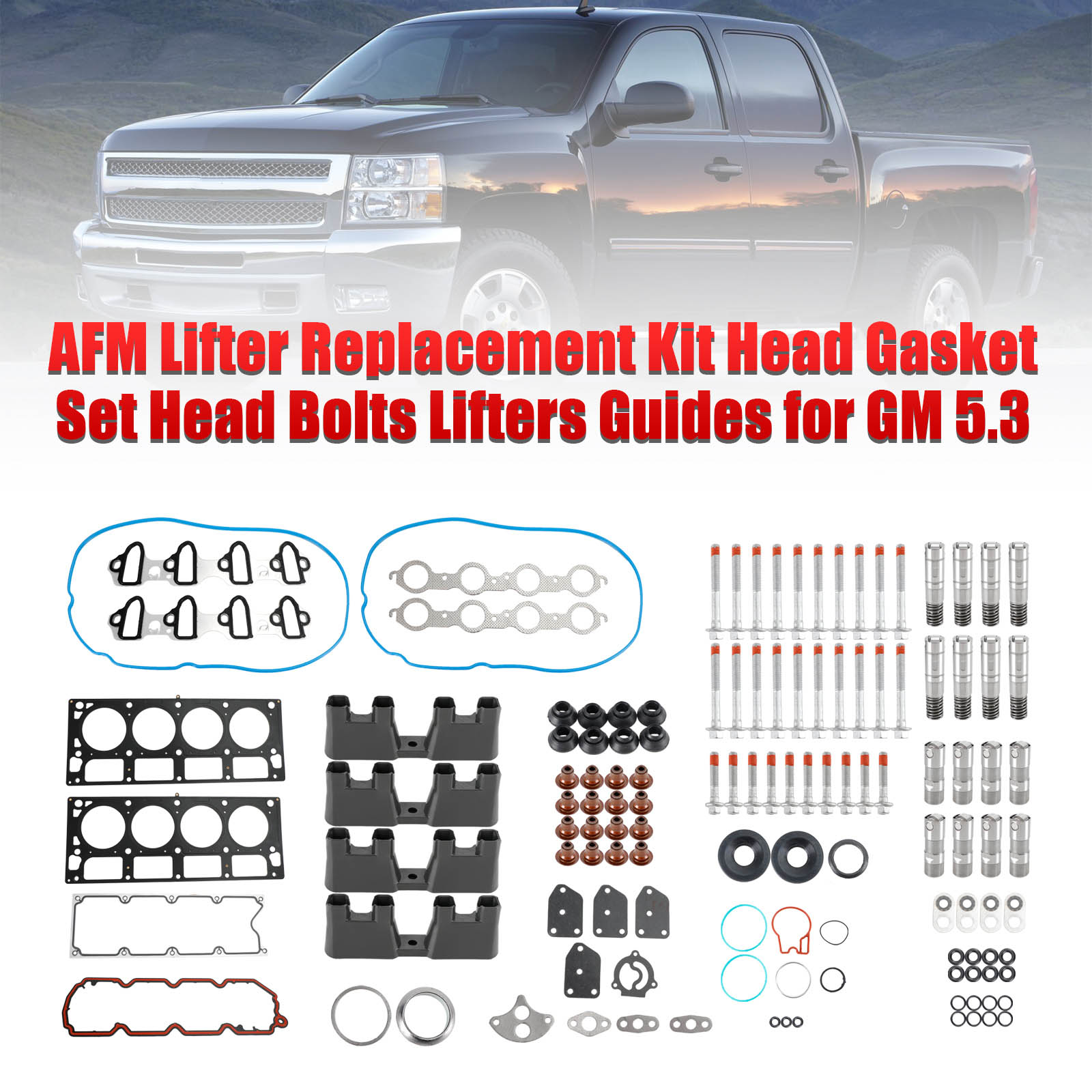 2005-2006 Chevrolet Silverado 1500 5.3L 5328CC 325CID V8 ELÉCTRICO/GAS OHV, (16 válvulas) Kit de reemplazo de elevador AFM Juego de juntas de cabeza Pernos de cabeza Guías de elevadores