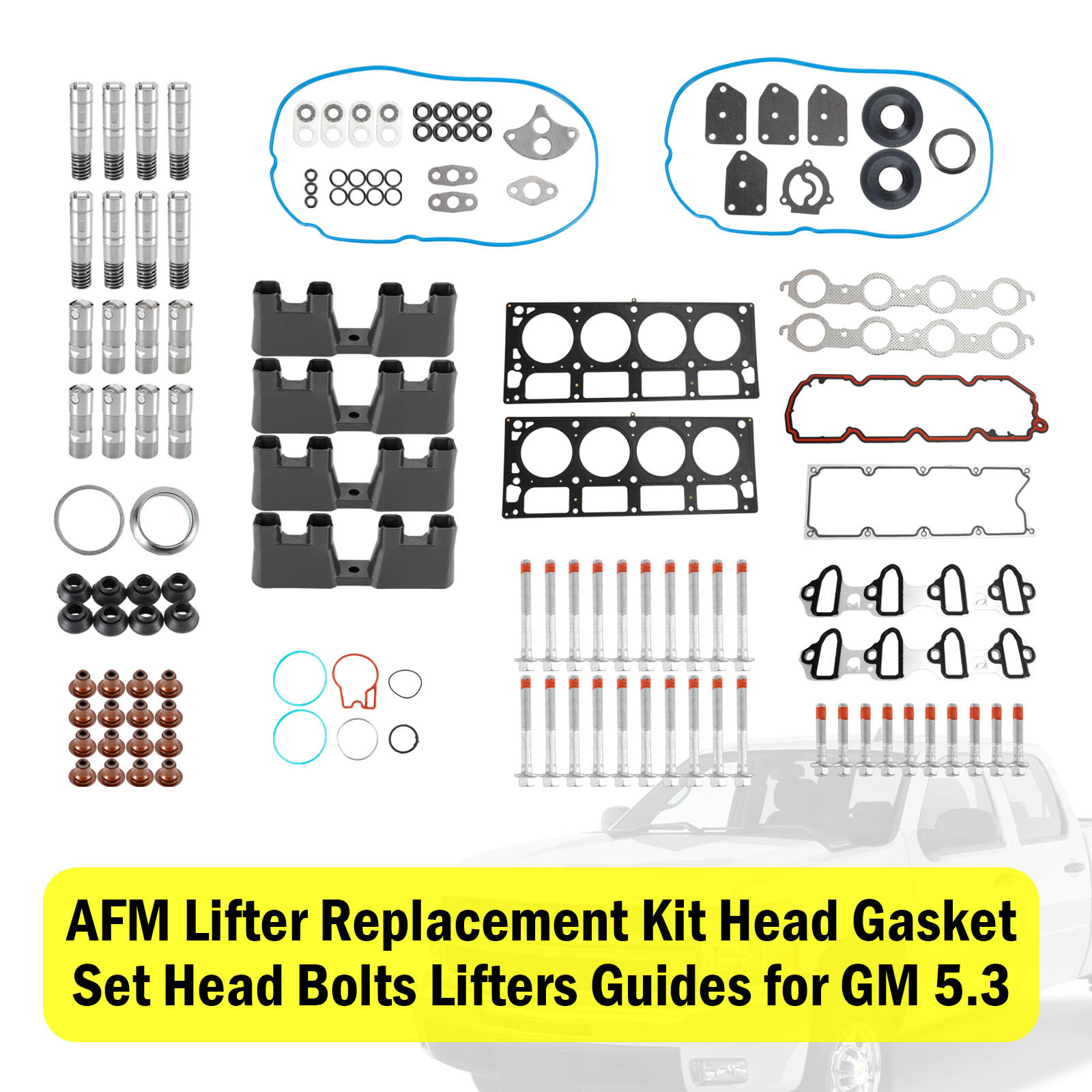 2005-2006 Chevrolet Silverado 1500 5.3L 5328CC 325CID V8 ELECTRIC/GAS OHV, (16 Valve) AFM Lifter Replacement Kit Head Gasket Set Head Bolts Lifters Guides