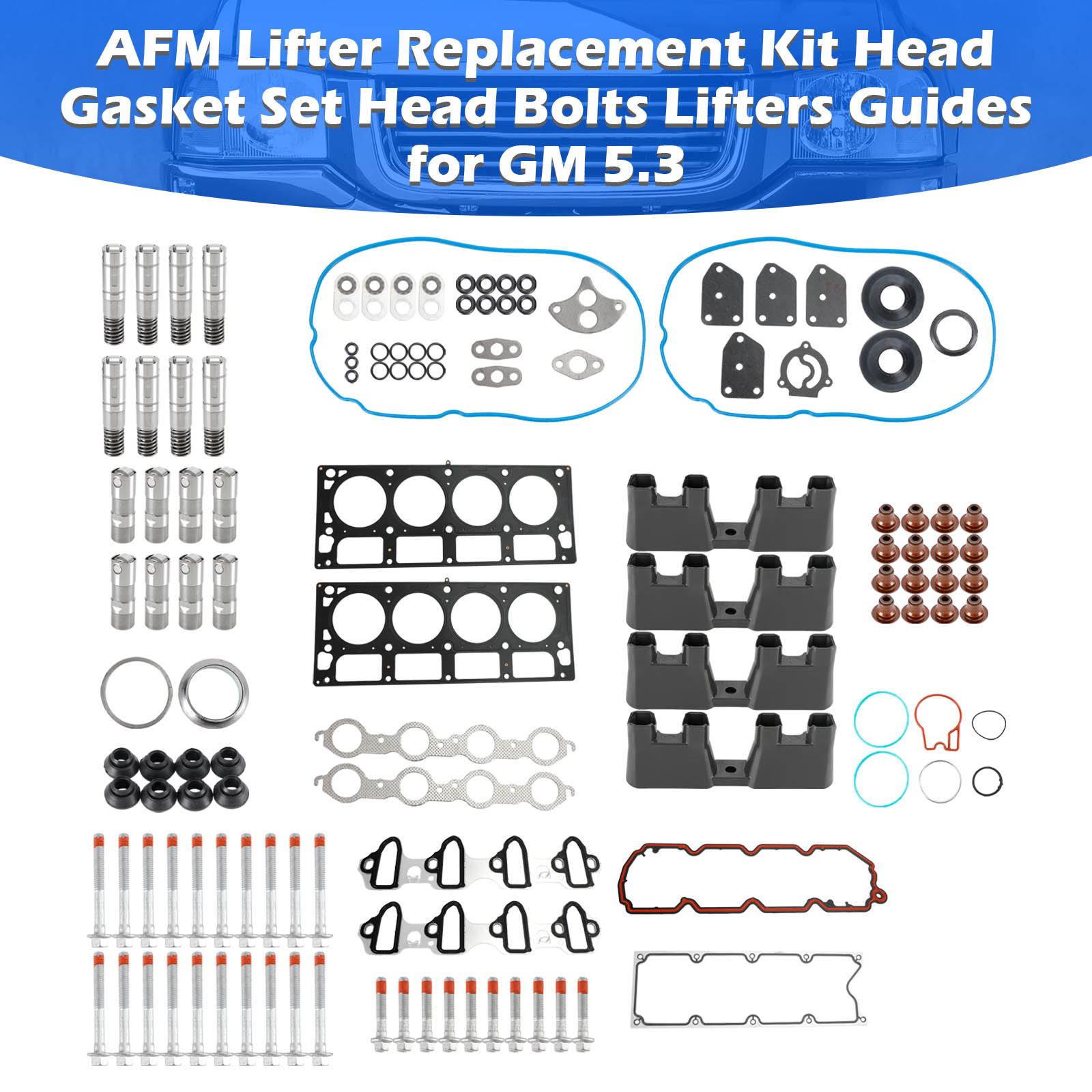 2005-2006 Chevrolet Silverado 1500 5.3L 5328CC 325CID V8 ELECTRIC/GAS OHV, (16 Valve) AFM Lifter Replacement Kit Head Gasket Set Head Bolts Lifters Guides